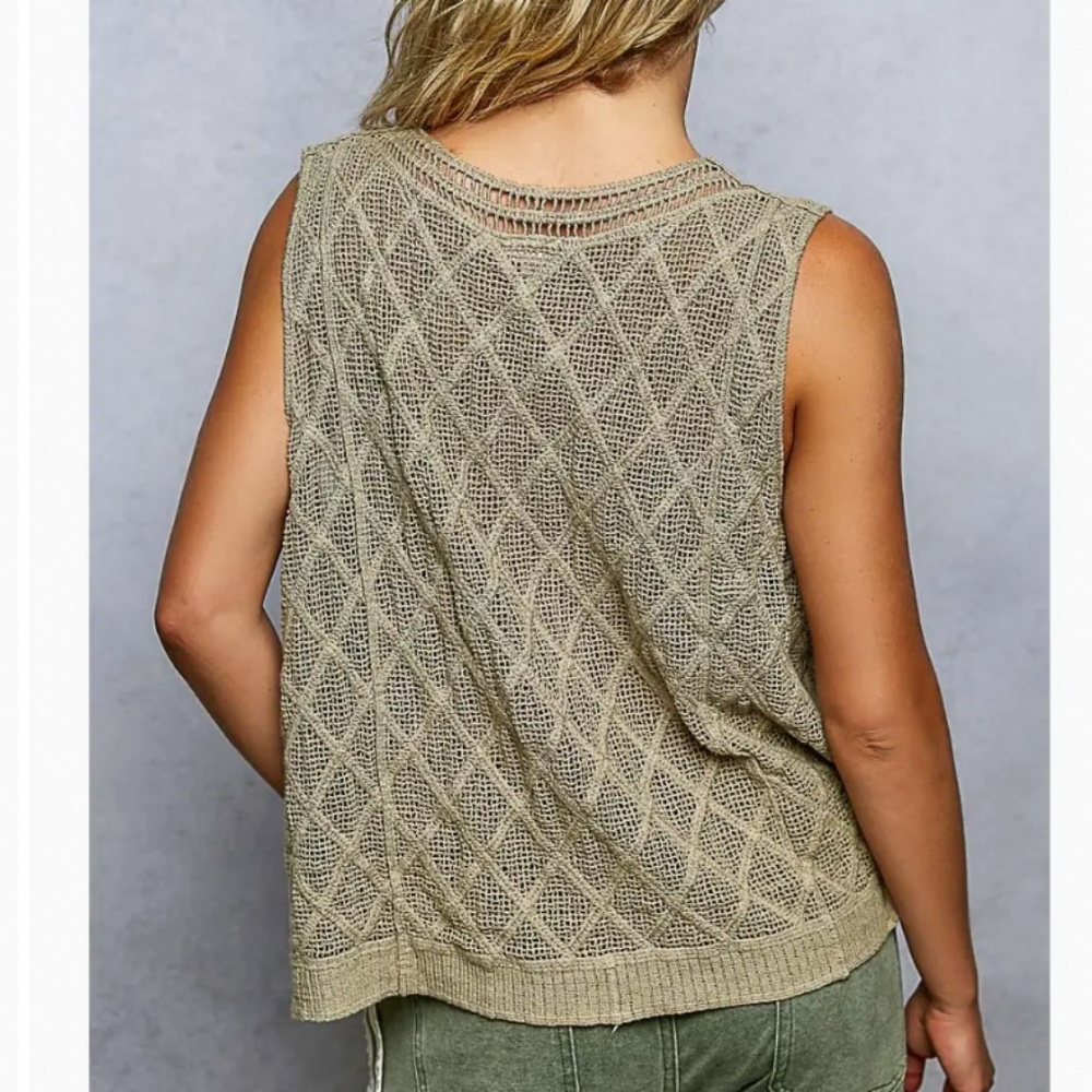 POL Knit Crochet V-Neck Sleeveless Tank Top in Olive - Picture 8 of 8
